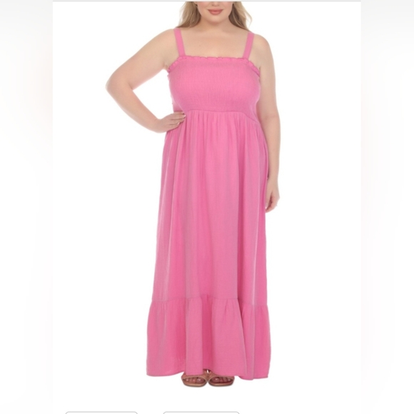 Raviya Plus Size Smocked Cotton Sleeveless Cover up Maxi Elegant Pink Dress - Picture 2 of 5